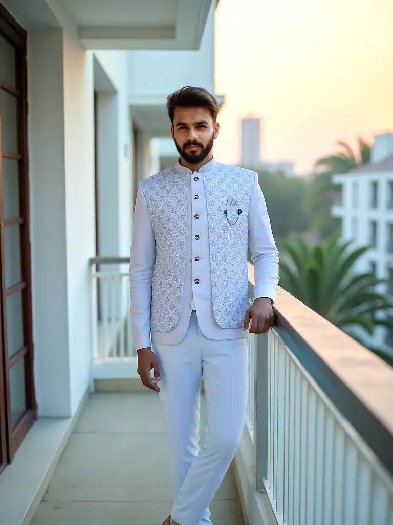 Image of Sky Jacquard Self Design With Open Jacket Style Bandhgala Set - South India Shopping Mall