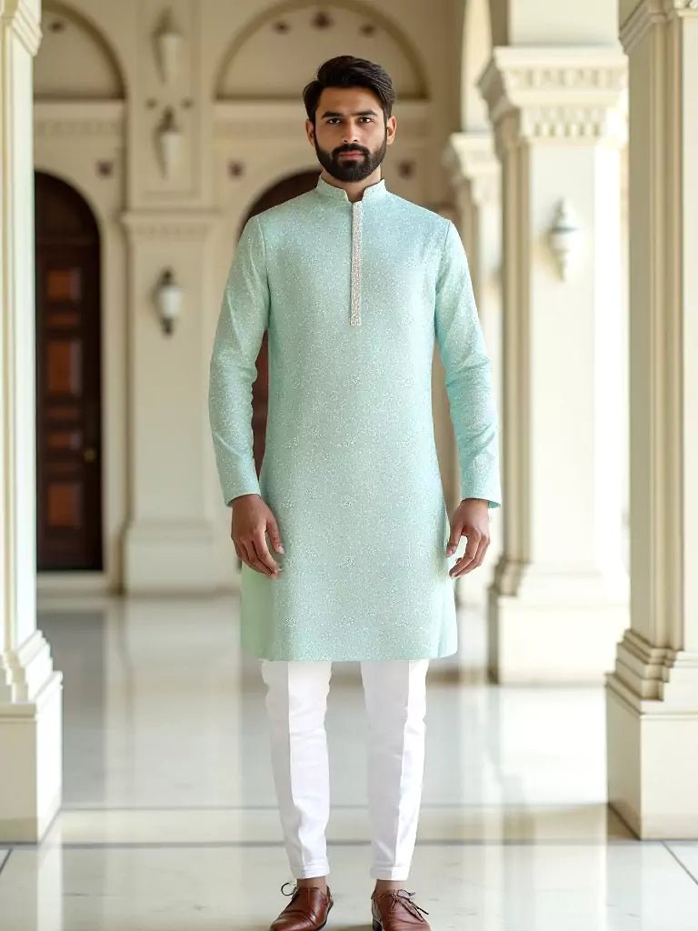 Image of Sky Self Floral Embroidery work Giza Cotton Kurta Pajama - South India Shopping Mall