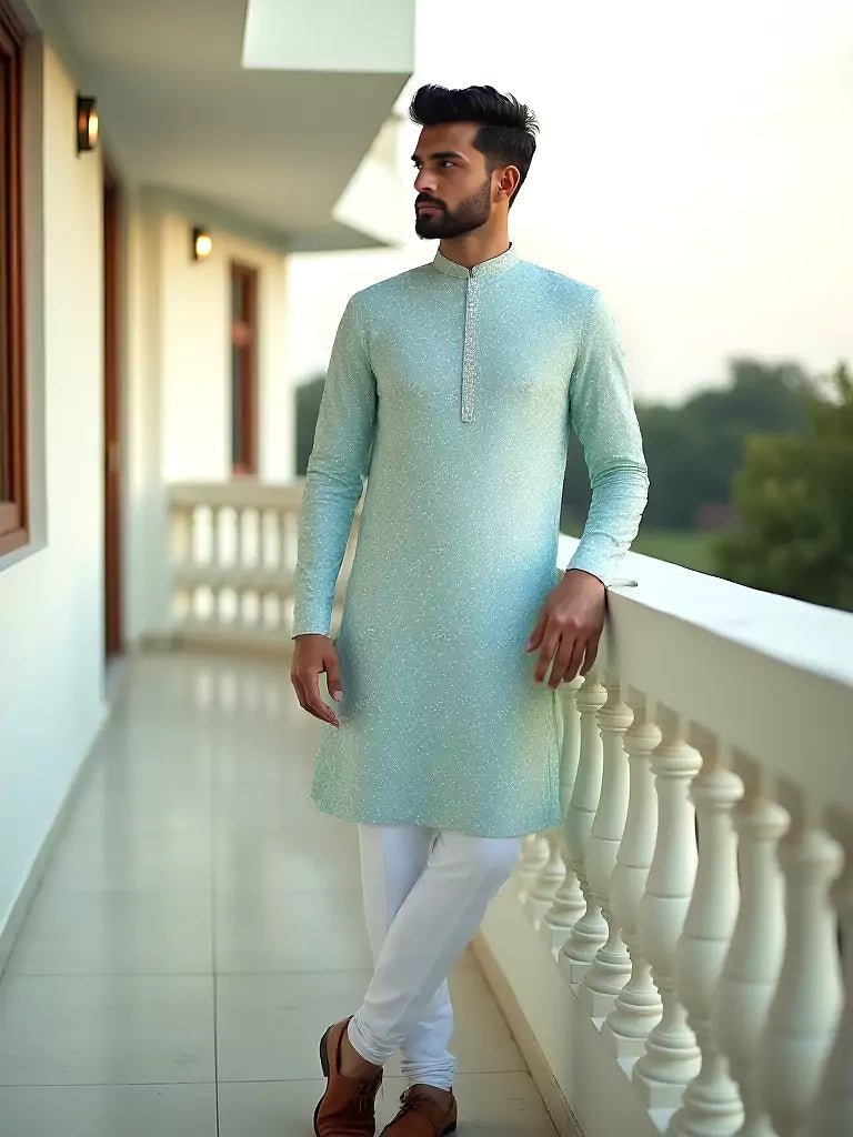 Image of Sky Self Floral Embroidery work Giza Cotton Kurta Pajama - South India Shopping Mall