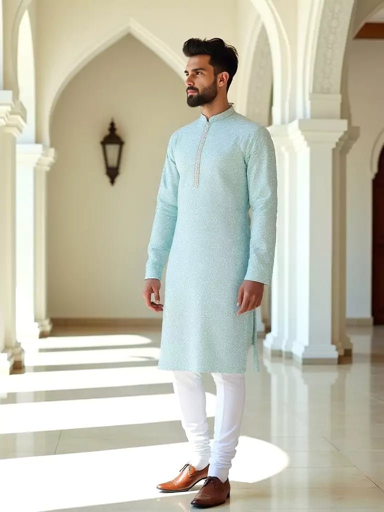 Image of Sky Self Floral Embroidery work Giza Cotton Kurta Pajama - South India Shopping Mall