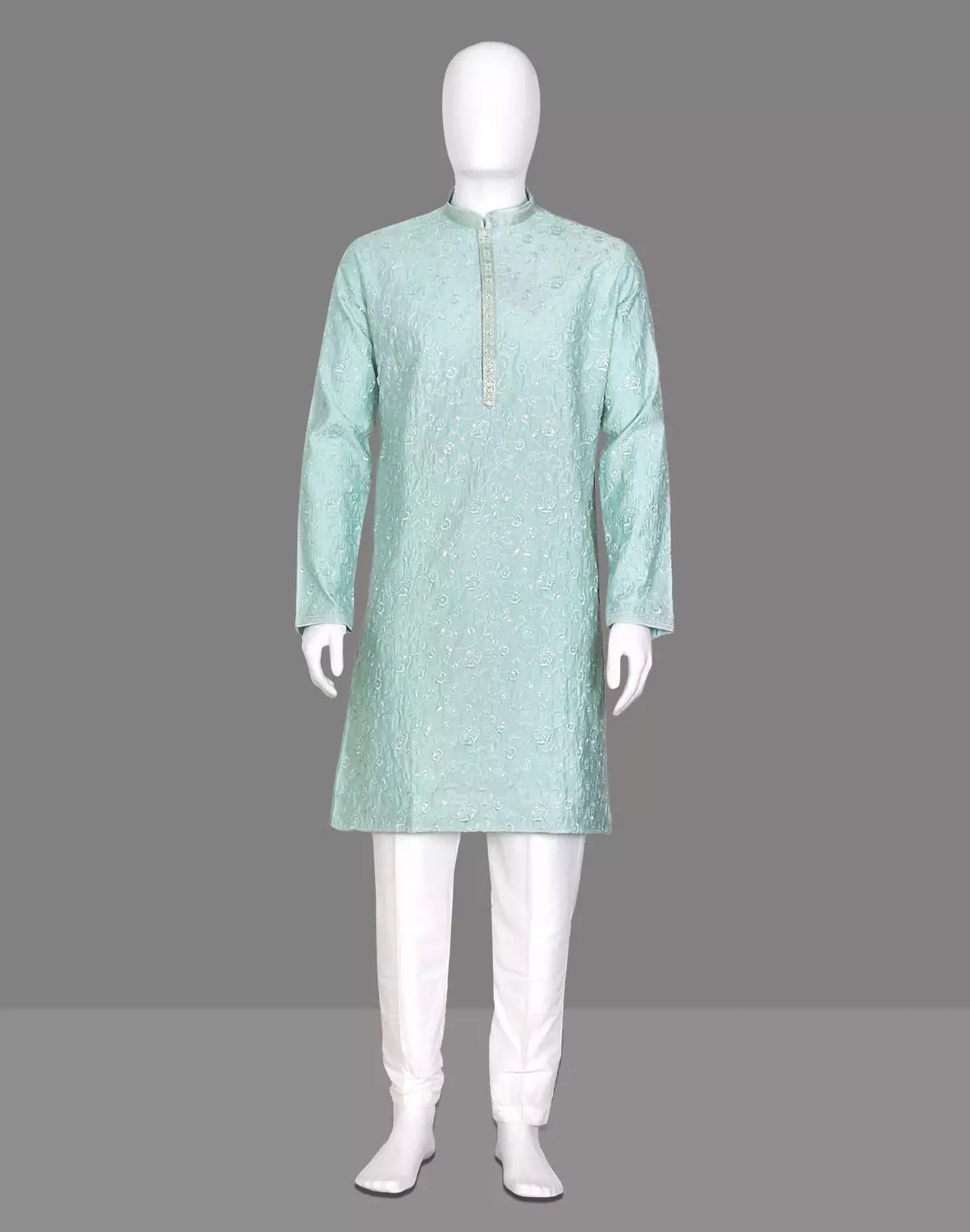 Image of Sky Self Floral Embroidery work Giza Cotton Kurta Pajama - South India Shopping Mall