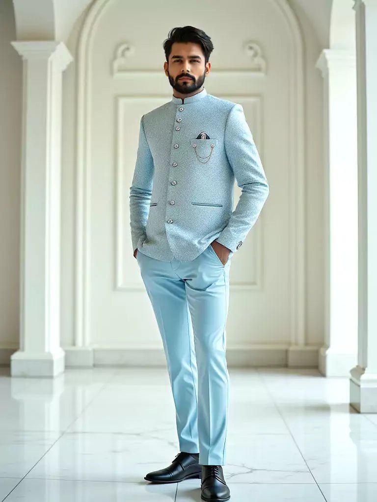 Image of Sky Self Highlighted Jacquard Weaving Bandhgala Suit - South India Shopping Mall