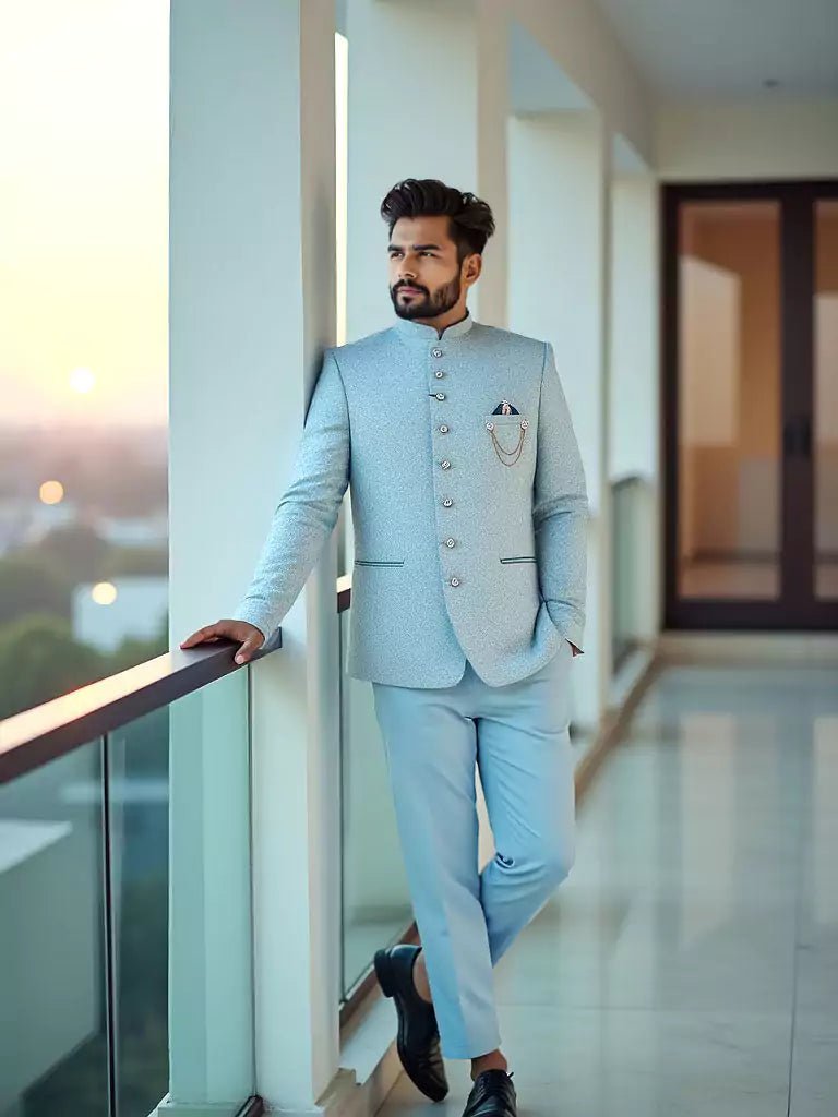 Image of Sky Self Highlighted Jacquard Weaving Bandhgala Suit - South India Shopping Mall