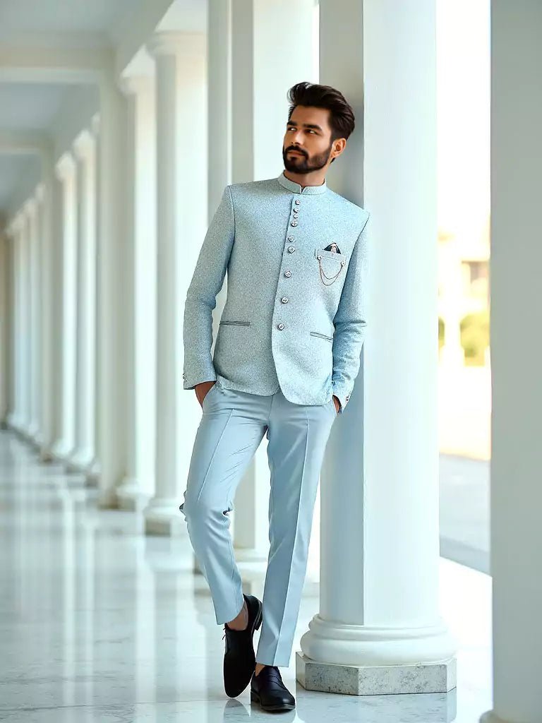 Sky Self Highlighted Jacquard Weaving Bandhgala Suit - South India Shopping Mall