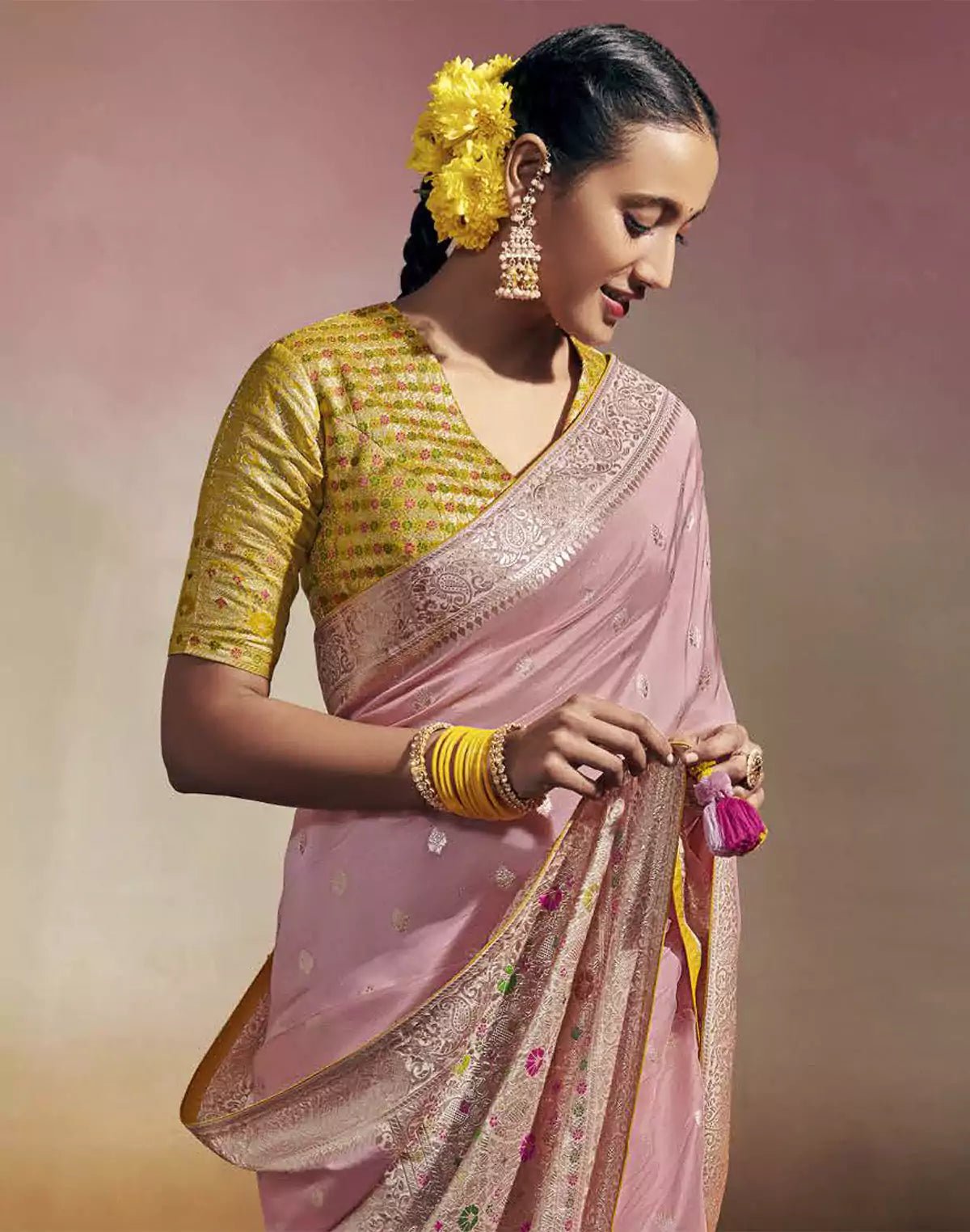 Image of Soft Banarasi Dola Silk Light Pink Designer Saree - South India Shopping Mall