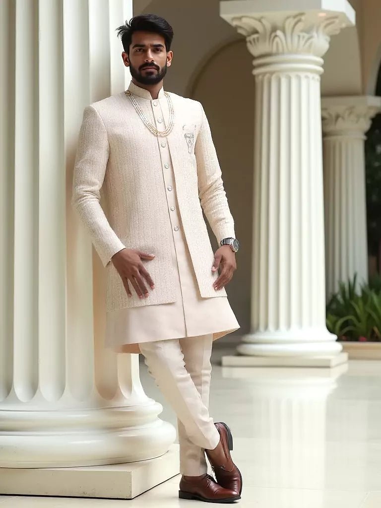 Image of Soft Cream Self Patterned Thread Embroidery Chiffon Kurta Jacket Set - South India Shopping Mall