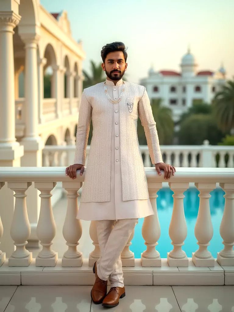 Image of Soft Cream Self Patterned Thread Embroidery Chiffon Kurta Jacket Set - South India Shopping Mall