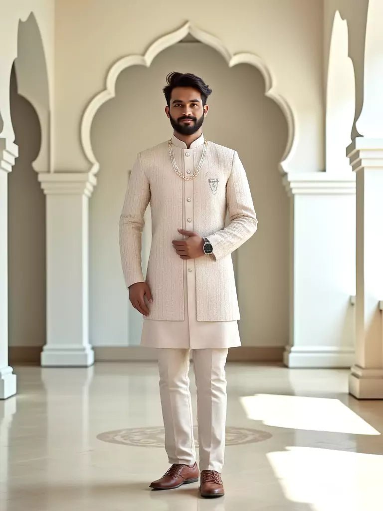 Image of Soft Cream Self Patterned Thread Embroidery Chiffon Kurta Jacket Set - South India Shopping Mall