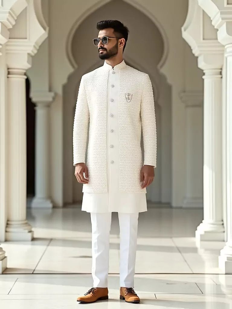 Image of Soft Cream Thread with Embellished Cotton - Satin Kurta Jacket Set - South India Shopping Mall