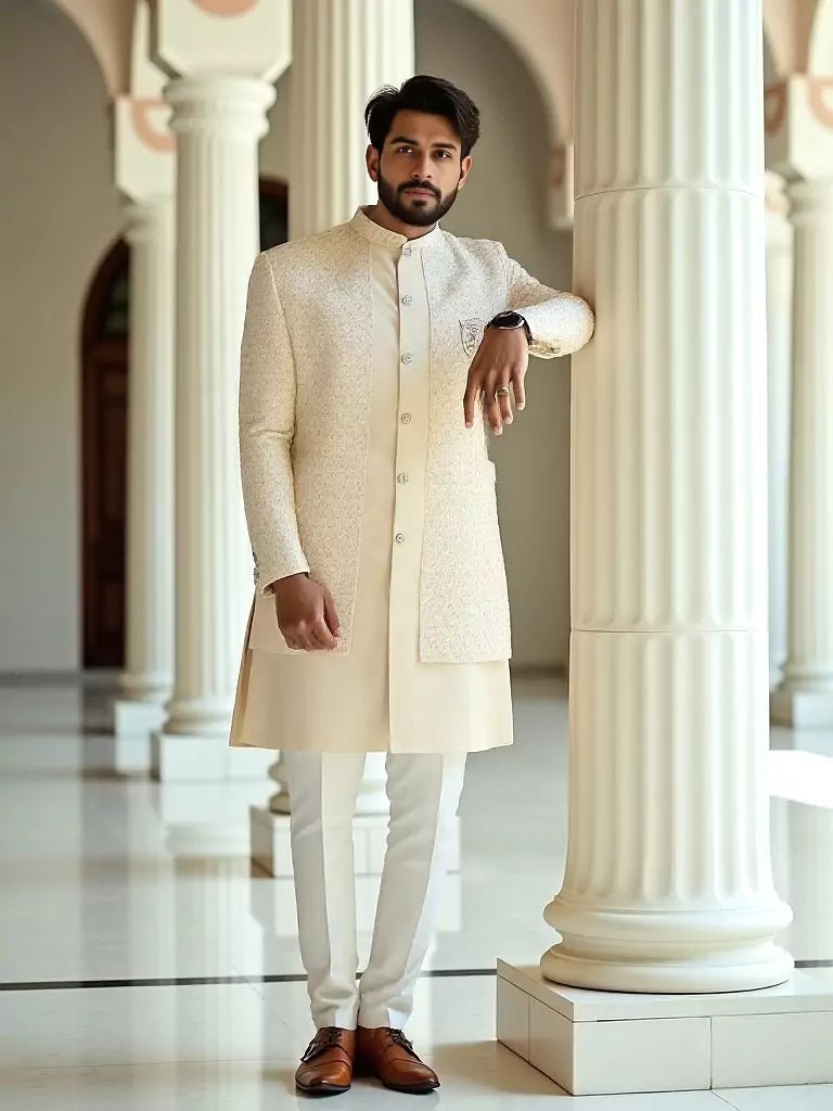 Image of Soft Cream Thread with Embellished Cotton - Satin Kurta Jacket Set - South India Shopping Mall