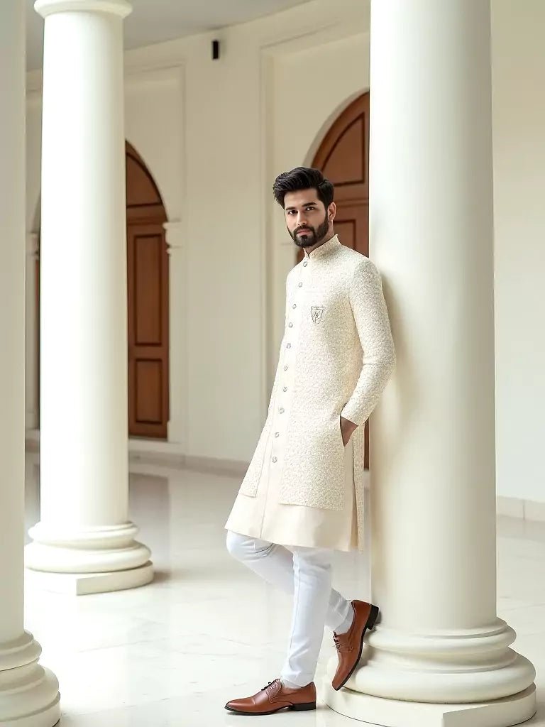 Image of Soft Cream Thread with Embellished Cotton - Satin Kurta Jacket Set - South India Shopping Mall