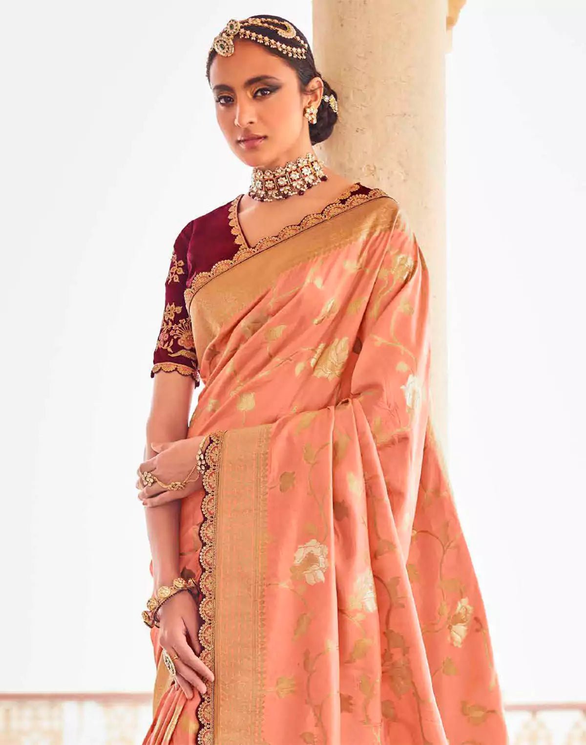 Image of Soft Dola Silk Fancy Lace Border Light Peach Saree and Designer Blouse - South India Shopping Mall
