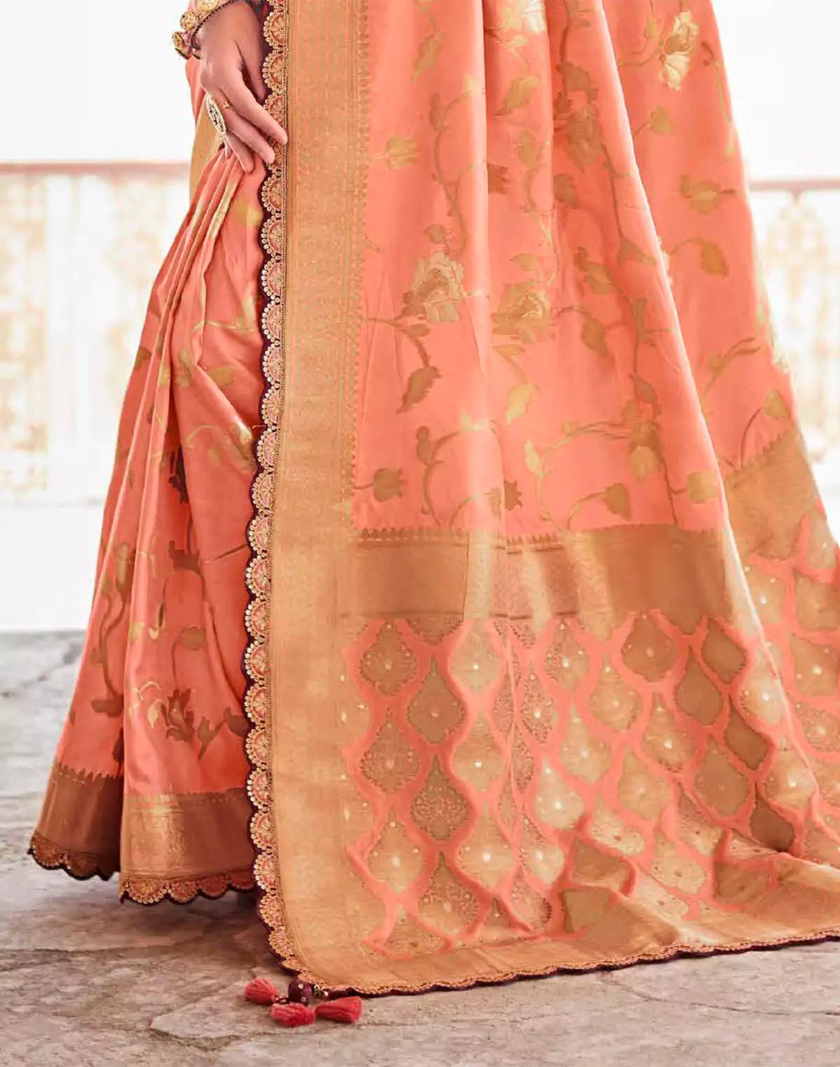 Image of Soft Dola Silk Fancy Lace Border Light Peach Saree and Designer Blouse - South India Shopping Mall