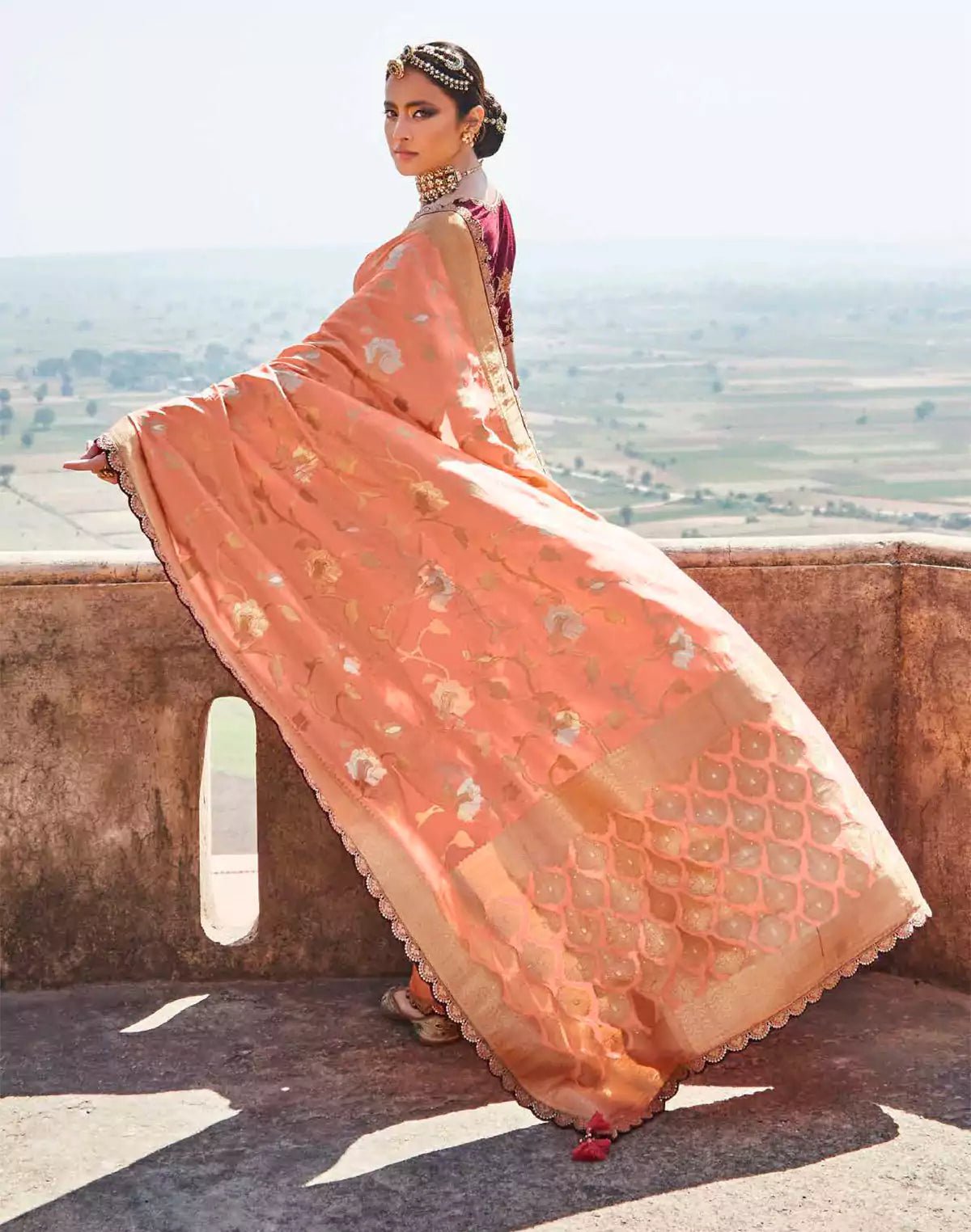 Image of Soft Dola Silk Fancy Lace Border Light Peach Saree and Designer Blouse - South India Shopping Mall