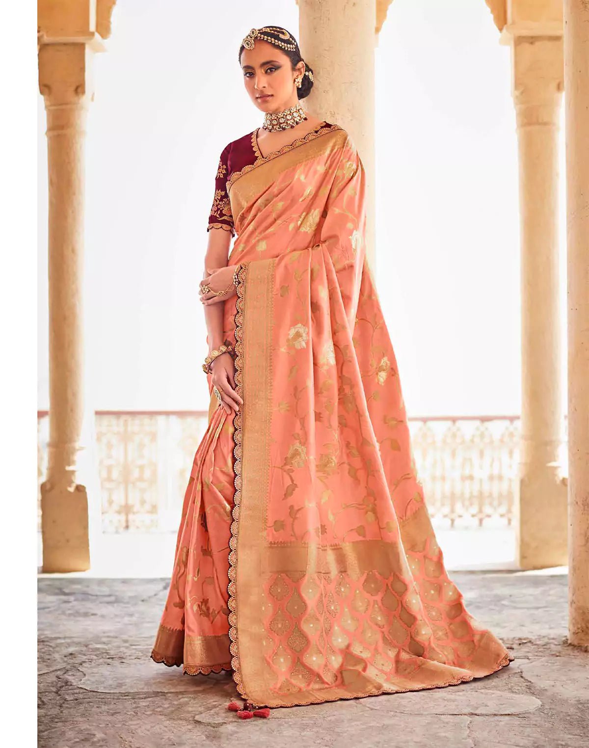 Image of Soft Dola Silk Fancy Lace Border Light Peach Saree and Designer Blouse - South India Shopping Mall