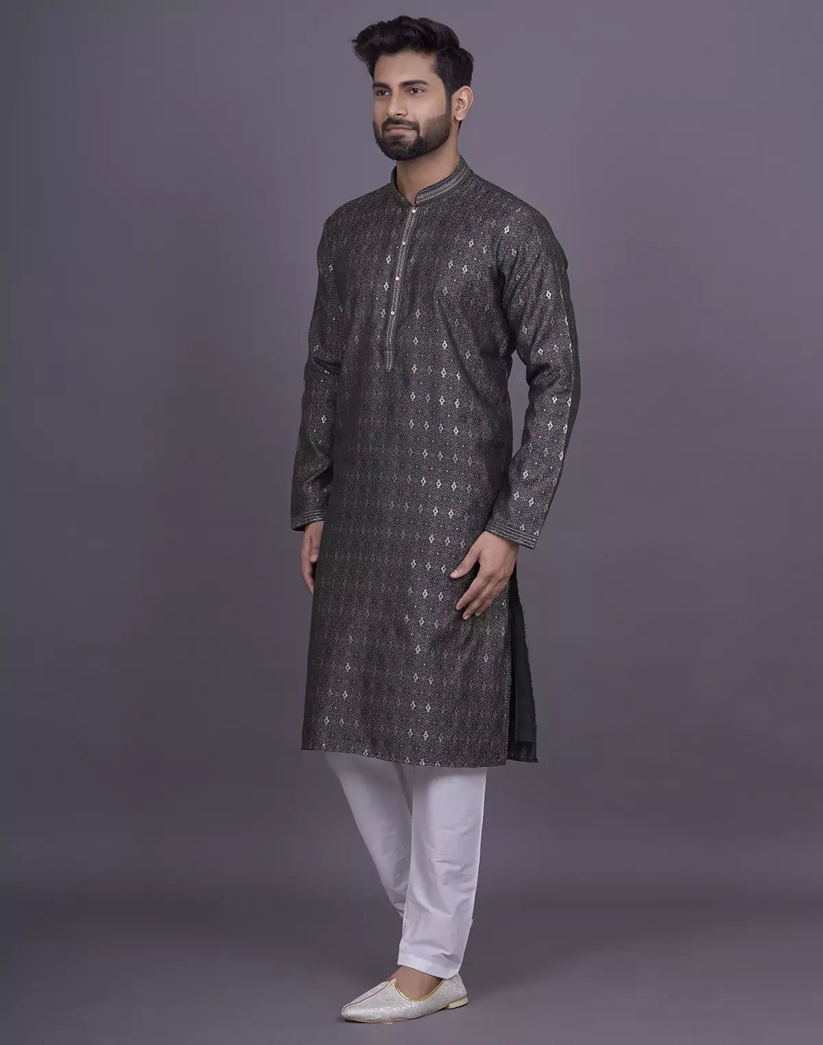 Image of Soft Green Floral Design Jacquard Kurta Pyjama Set - South India Shopping Mall