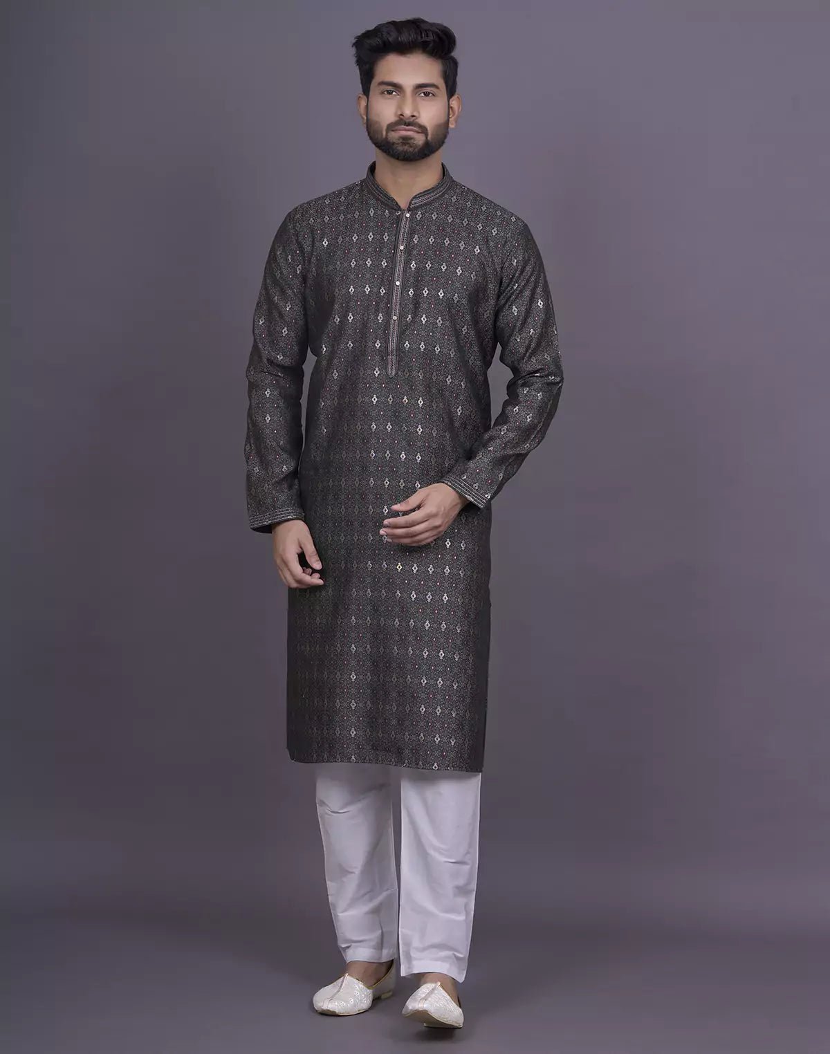Image of Soft Green Floral Design Jacquard Kurta Pyjama Set - South India Shopping Mall