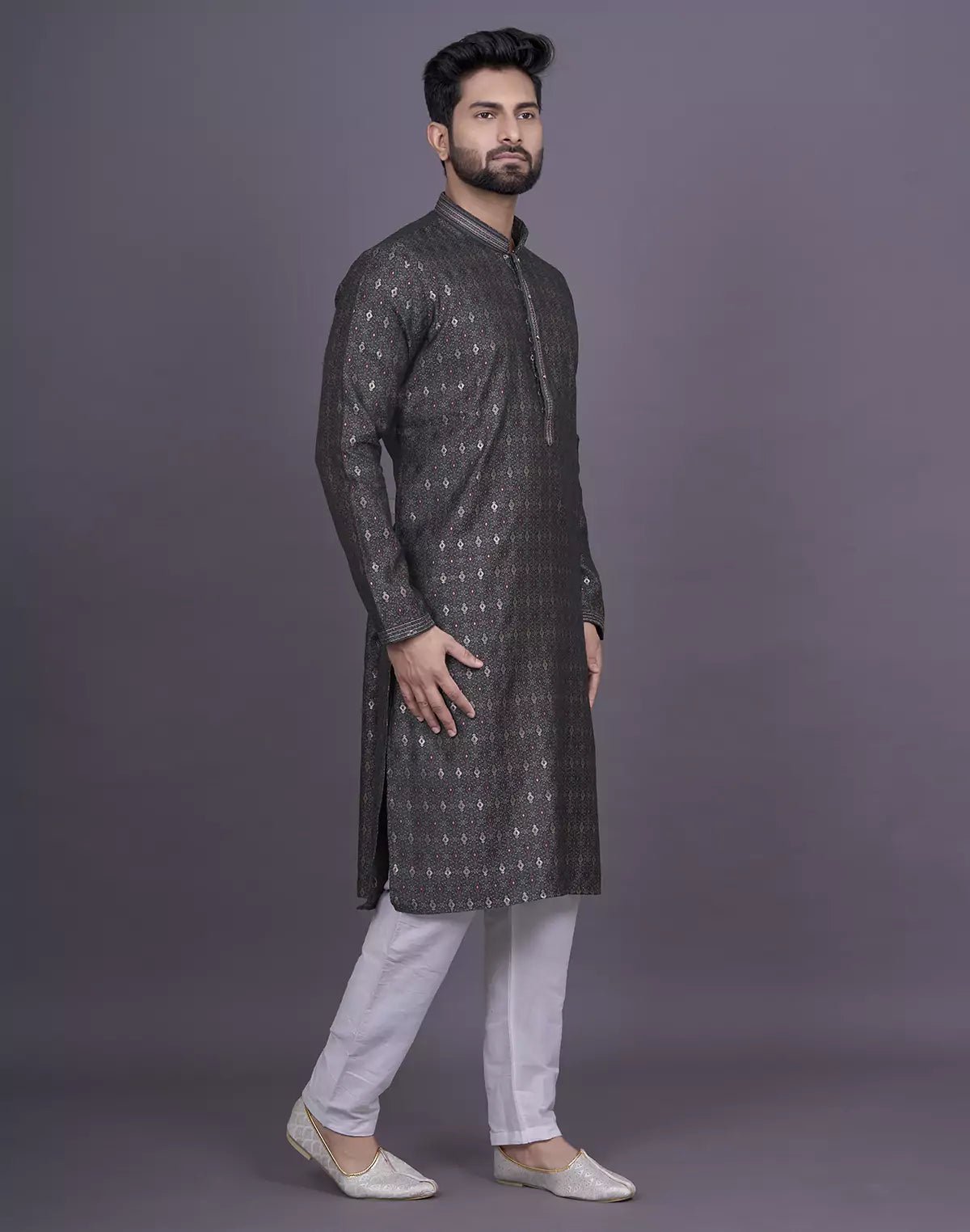 Image of Soft Green Floral Design Jacquard Kurta Pyjama Set - South India Shopping Mall