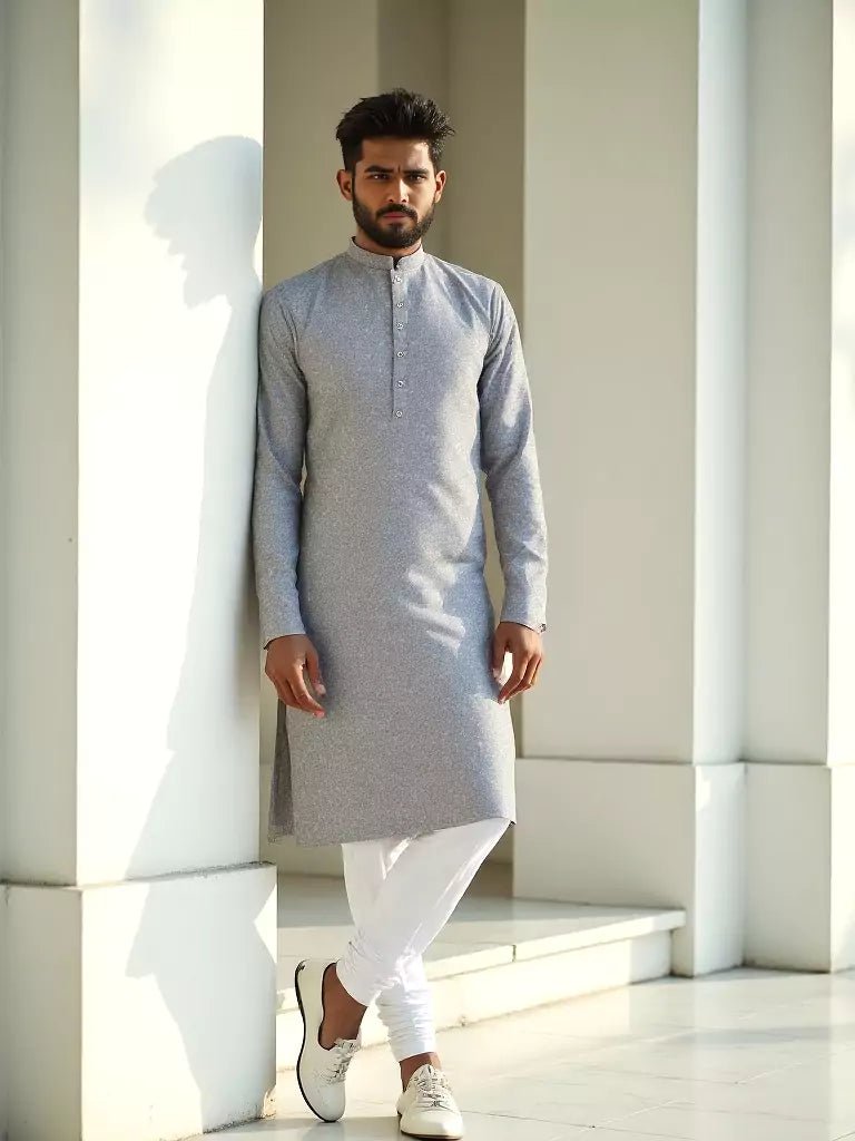 Image of Soft Grey Self Design Jacquard Kurta Pyjama Set - South India Shopping Mall