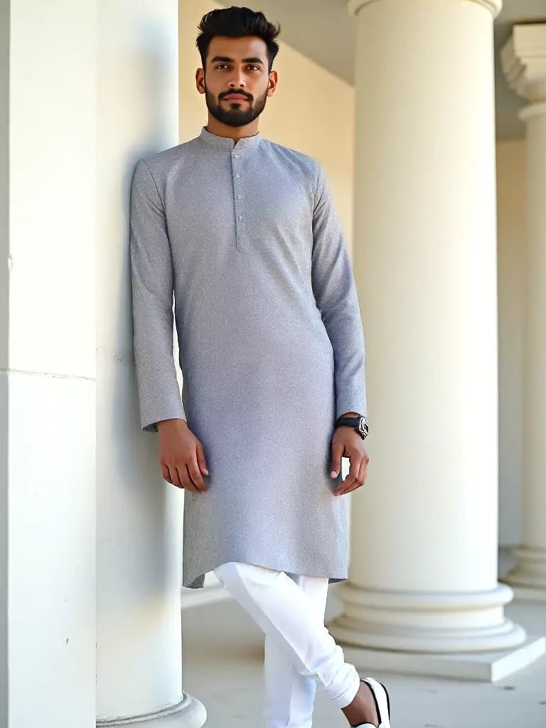 Image of Soft Grey Self Design Jacquard Kurta Pyjama Set - South India Shopping Mall
