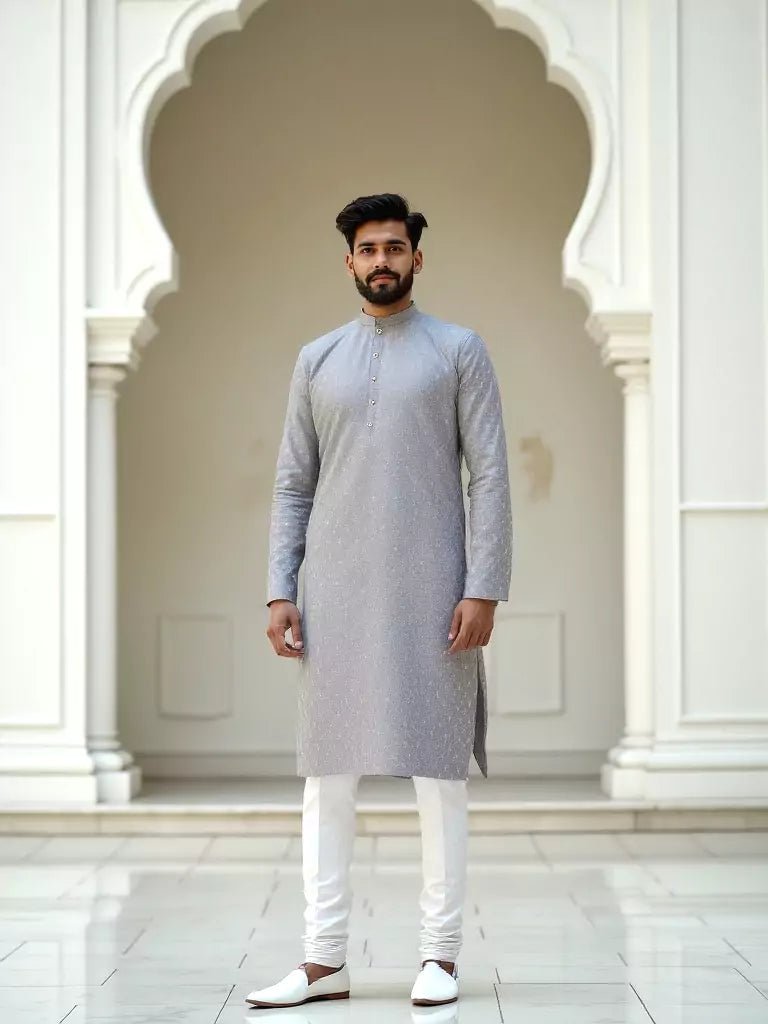 Image of Soft Grey Self Design Jacquard Kurta Pyjama Set - South India Shopping Mall