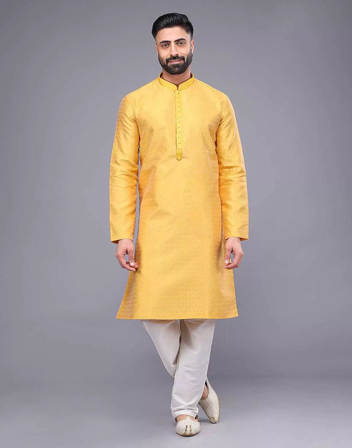 Image of Soft Silk All Over Floral Self Design Thread Work Yellow Kurta Set - South India Shopping Mall