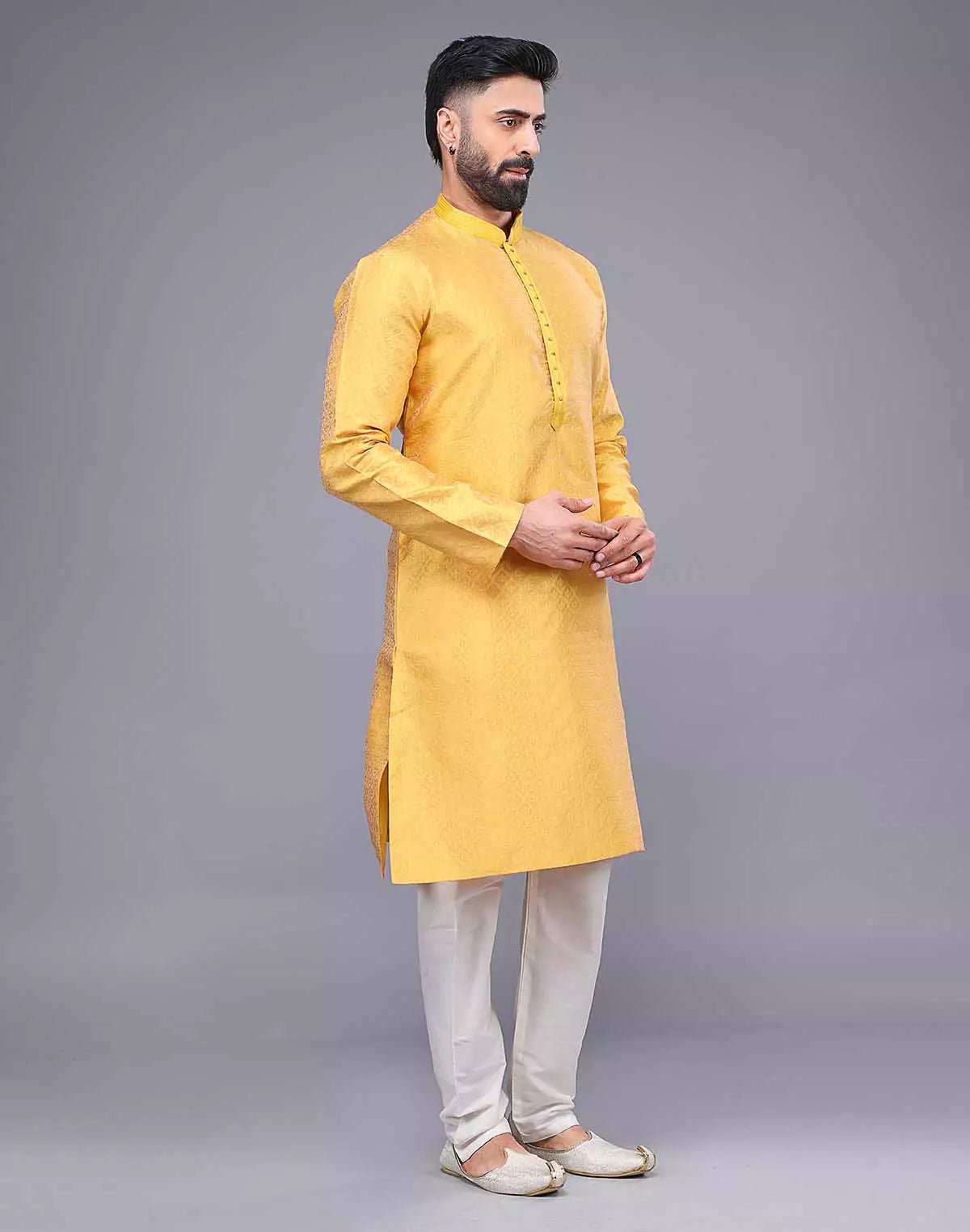 Image of Soft Silk All Over Floral Self Design Thread Work Yellow Kurta Set - South India Shopping Mall