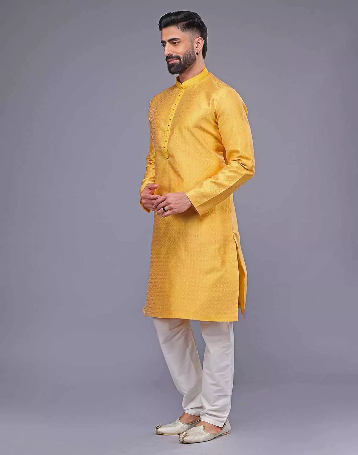 Image of Soft Silk All Over Floral Self Design Thread Work Yellow Kurta Set - South India Shopping Mall