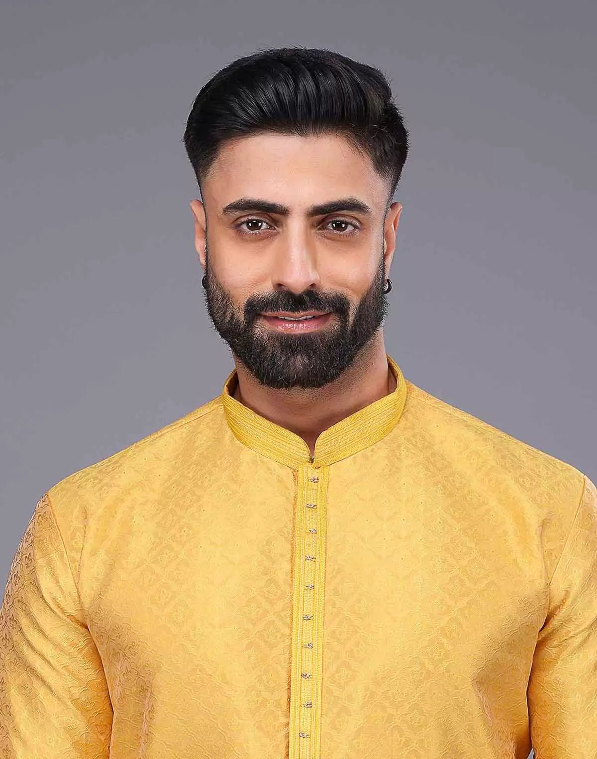 Image of Soft Silk All Over Floral Self Design Thread Work Yellow Kurta Set - South India Shopping Mall