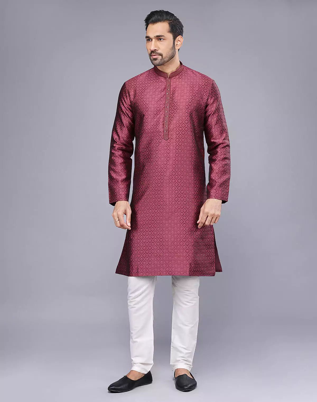 Image of Soft Silk Maroon Self Brocade Design Thread Embroidery Kurta Set - South India Shopping Mall