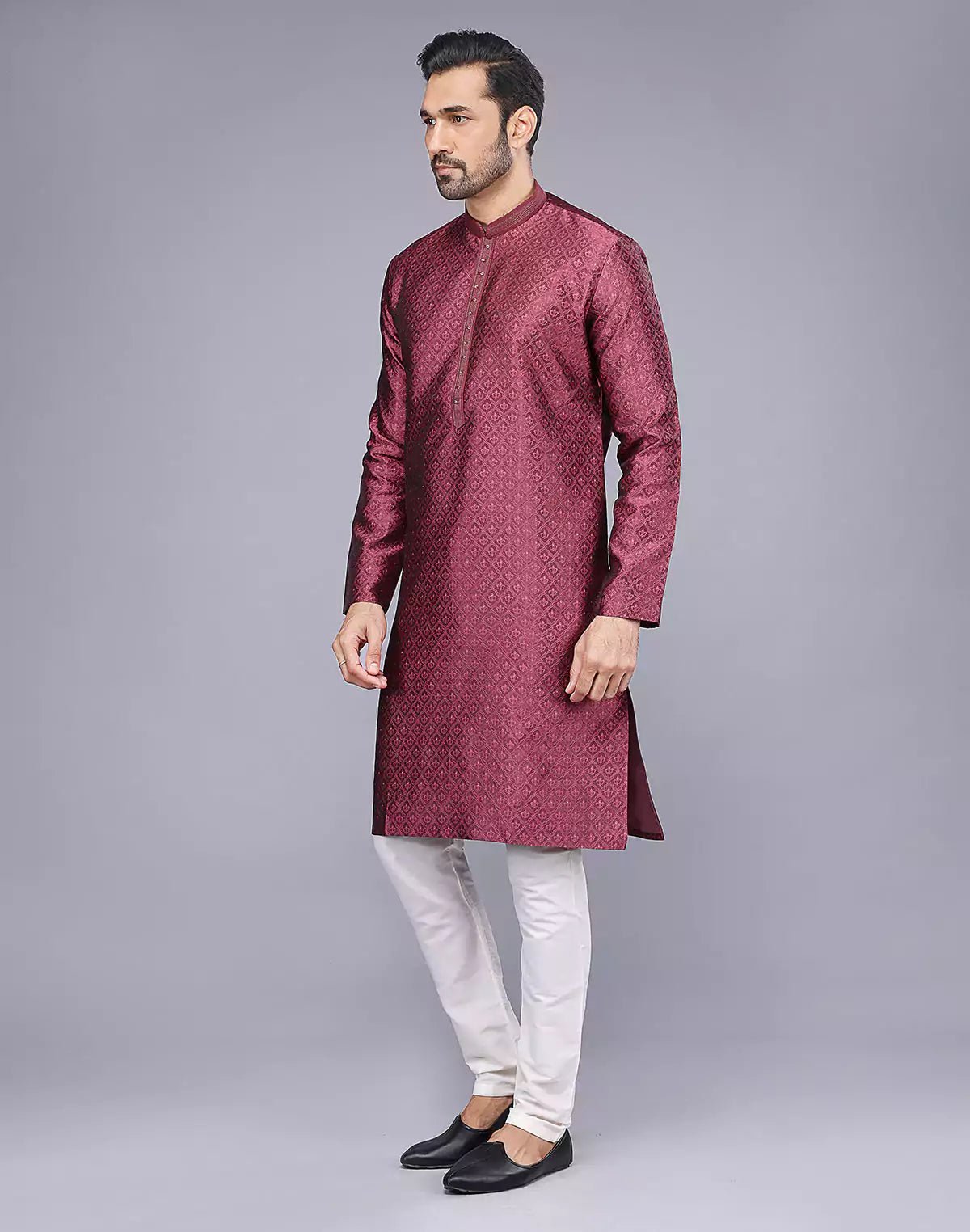 Image of Soft Silk Maroon Self Brocade Design Thread Embroidery Kurta Set - South India Shopping Mall