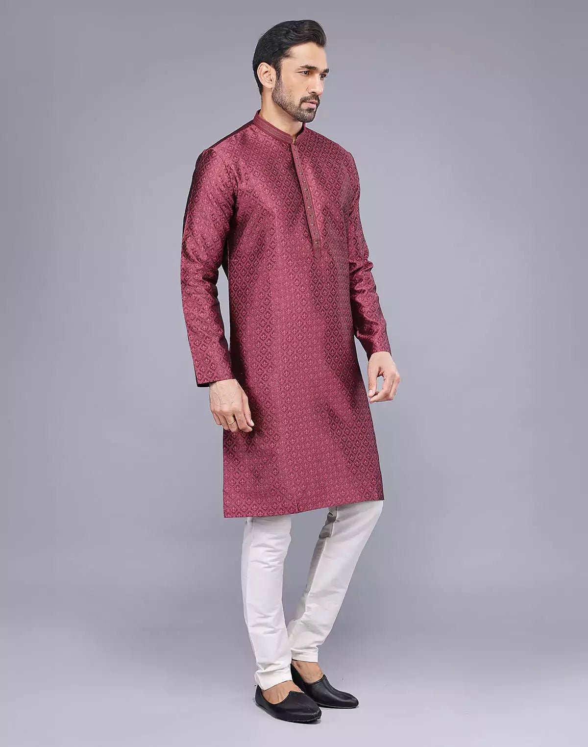 Image of Soft Silk Maroon Self Brocade Design Thread Embroidery Kurta Set - South India Shopping Mall