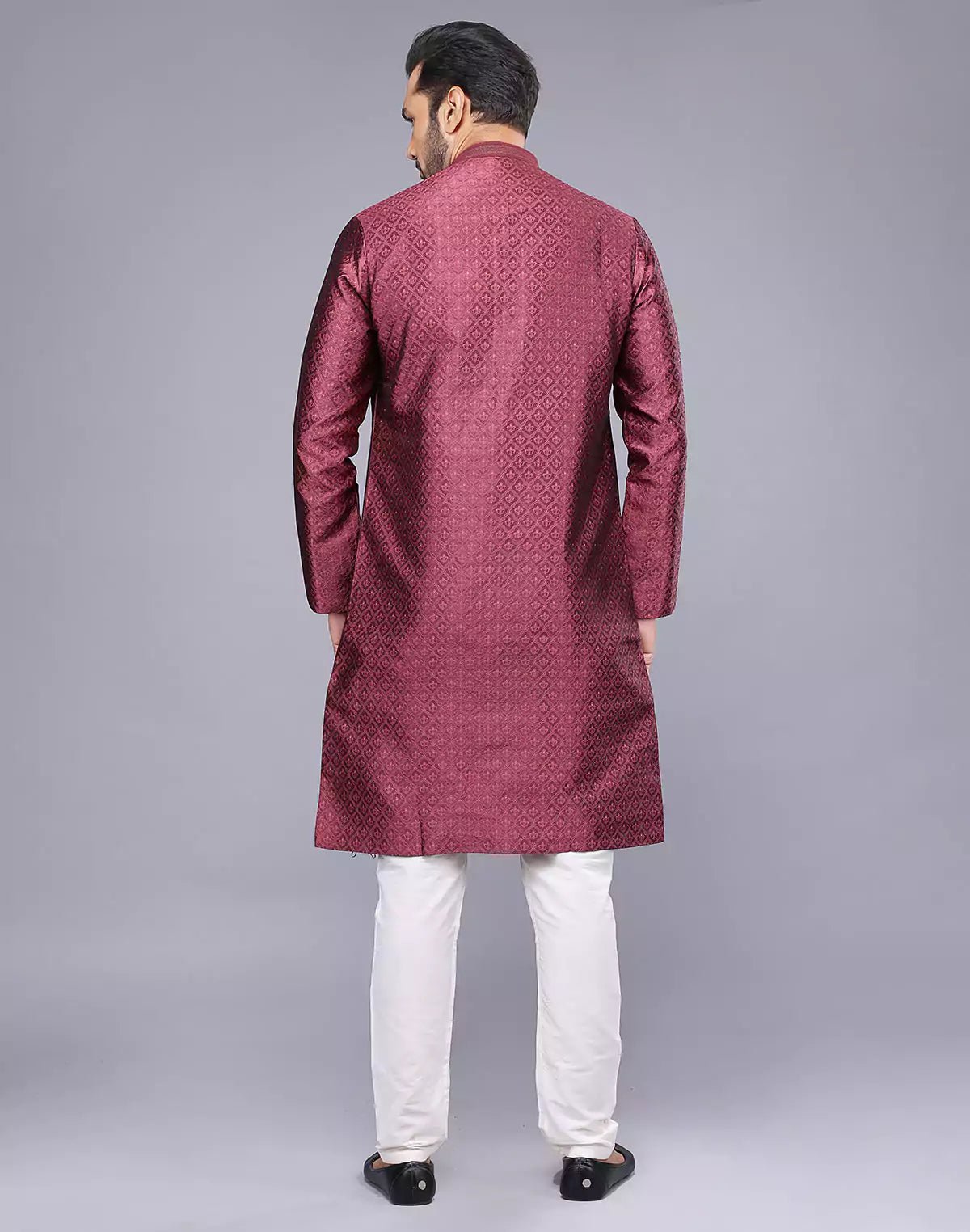 Image of Soft Silk Maroon Self Brocade Design Thread Embroidery Kurta Set - South India Shopping Mall