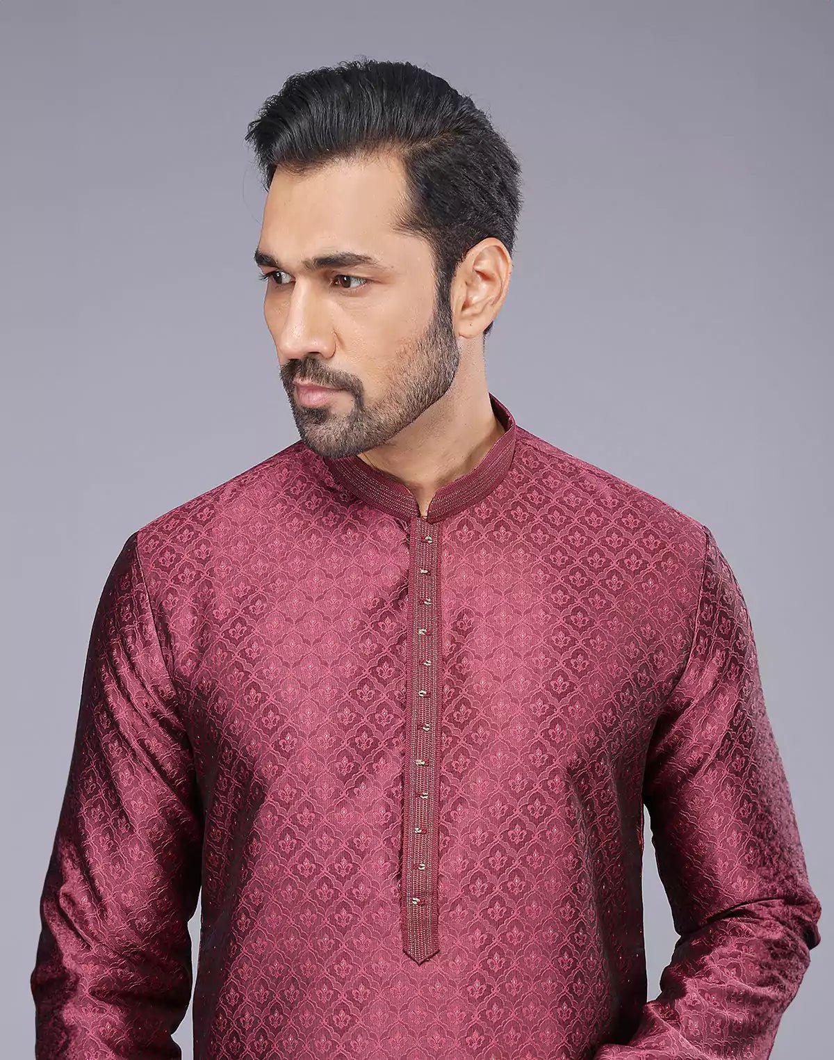 Image of Soft Silk Maroon Self Brocade Design Thread Embroidery Kurta Set - South India Shopping Mall