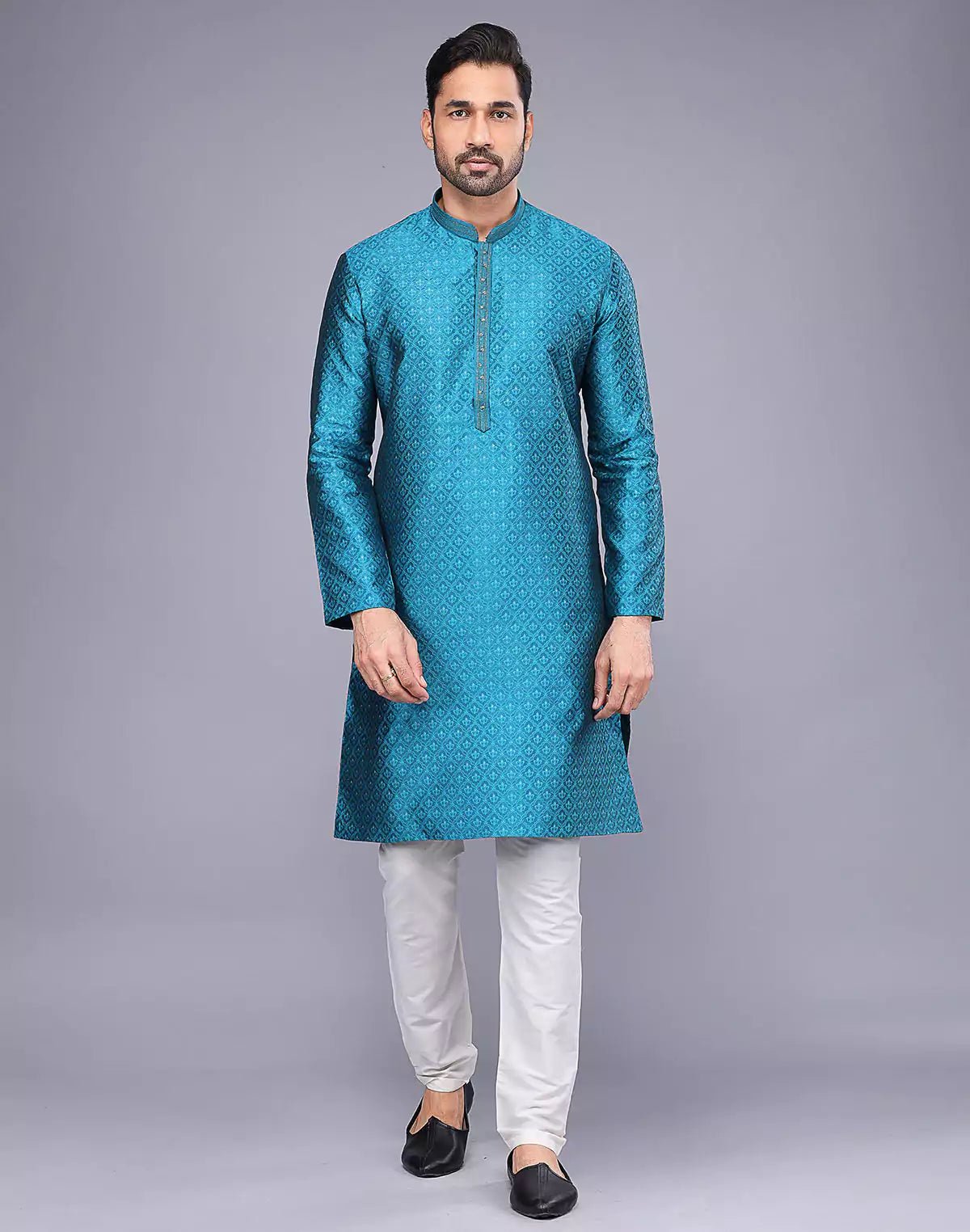 Image of Soft Silk Rama Blue Self Brocade Design Thread Embroidery Kurta Set - South India Shopping Mall