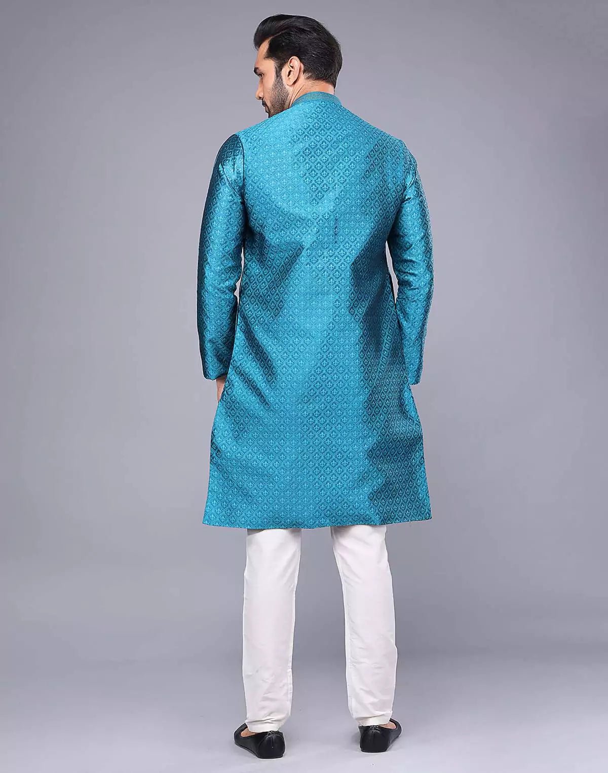 Image of Soft Silk Rama Blue Self Brocade Design Thread Embroidery Kurta Set - South India Shopping Mall