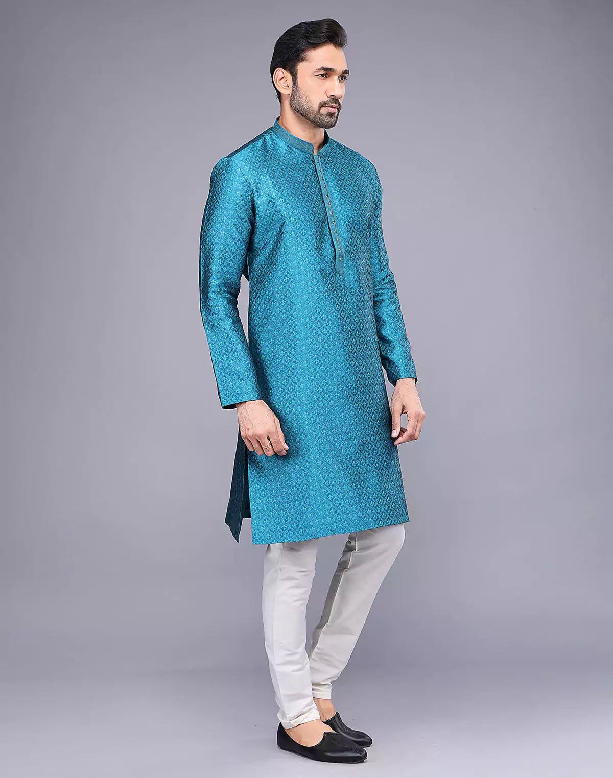 Image of Soft Silk Rama Blue Self Brocade Design Thread Embroidery Kurta Set - South India Shopping Mall