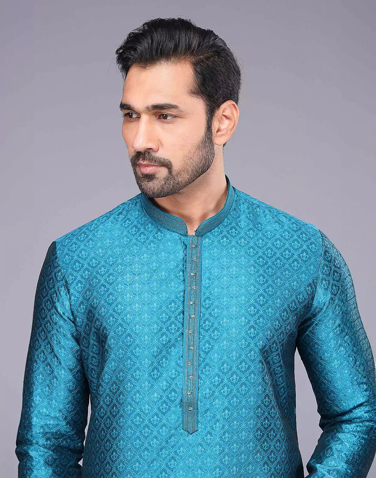 Image of Soft Silk Rama Blue Self Brocade Design Thread Embroidery Kurta Set - South India Shopping Mall