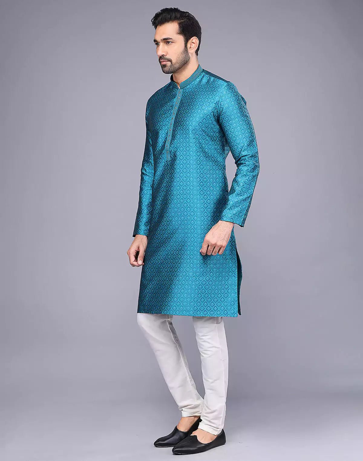Image of Soft Silk Rama Blue Self Brocade Design Thread Embroidery Kurta Set - South India Shopping Mall
