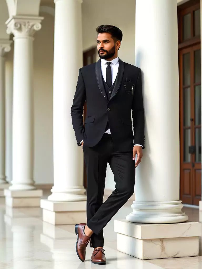 Solid Polynosic Stylish Black 5 Pc Designer Suit - South India Shopping Mall