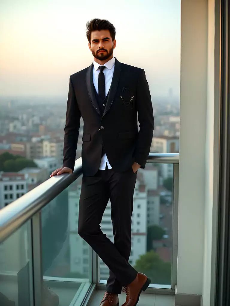 Solid Polynosic Stylish Black 5 Pc Designer Suit - South India Shopping Mall