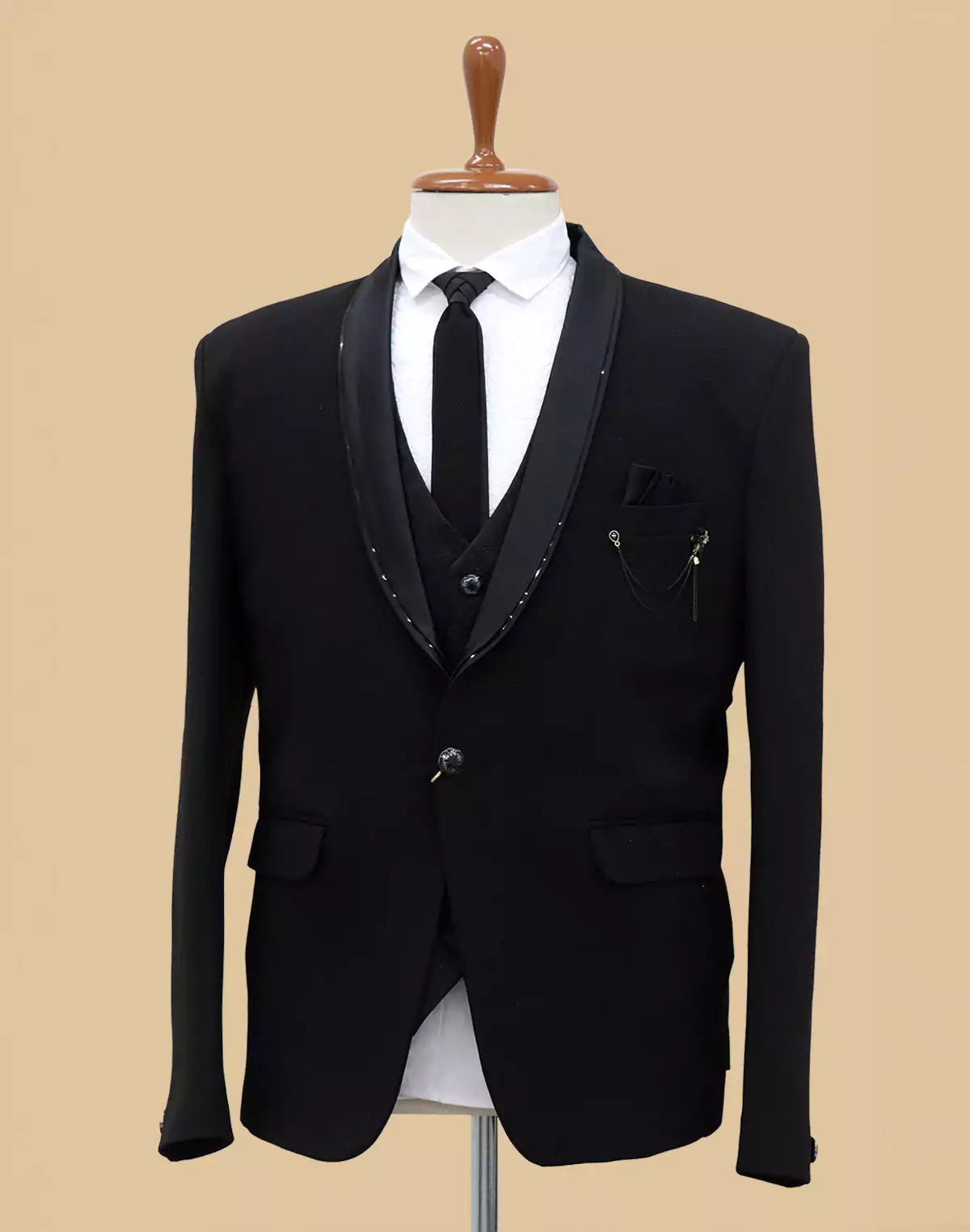 Solid Polynosic Stylish Black 5 Pc Designer Suit - South India Shopping Mall