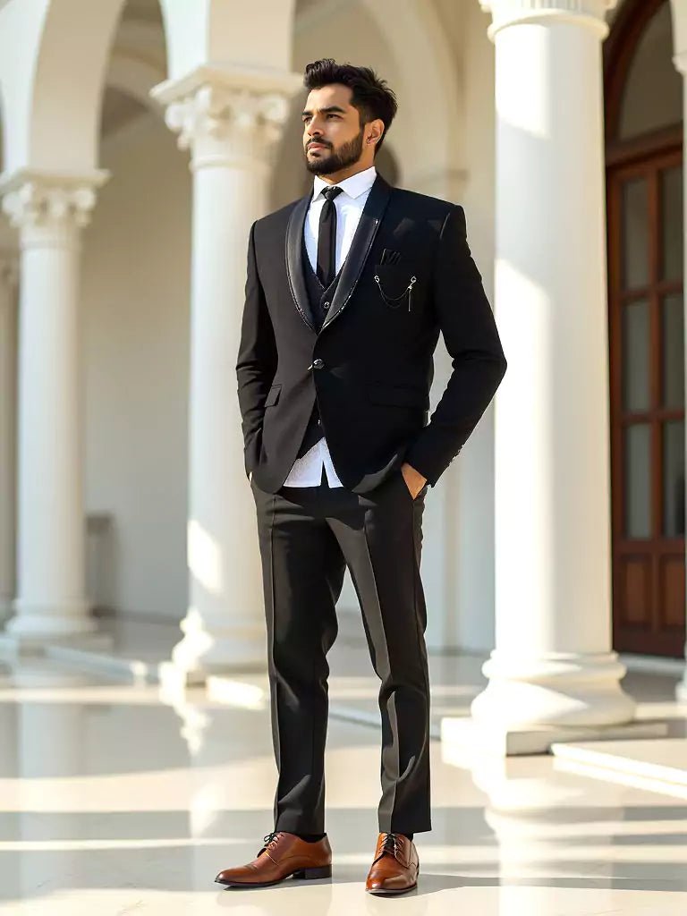 Image of Solid Polynosic Stylish Black 5 Pc Designer Suit - South India Shopping Mall