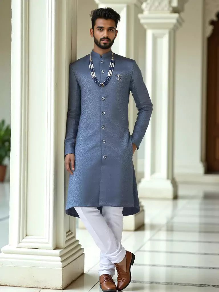 Image of Steel Grey Floral Design Jacquard Semi - Indo Set - South India Shopping Mall