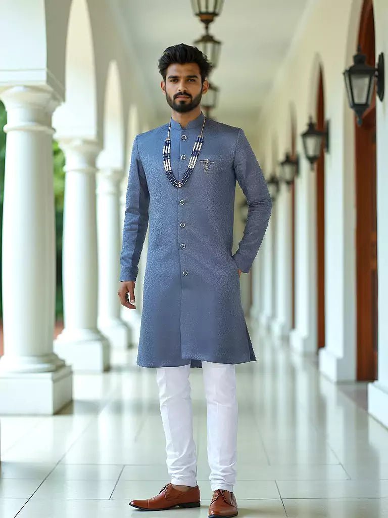 Image of Steel Grey Floral Design Jacquard Semi - Indo Set - South India Shopping Mall