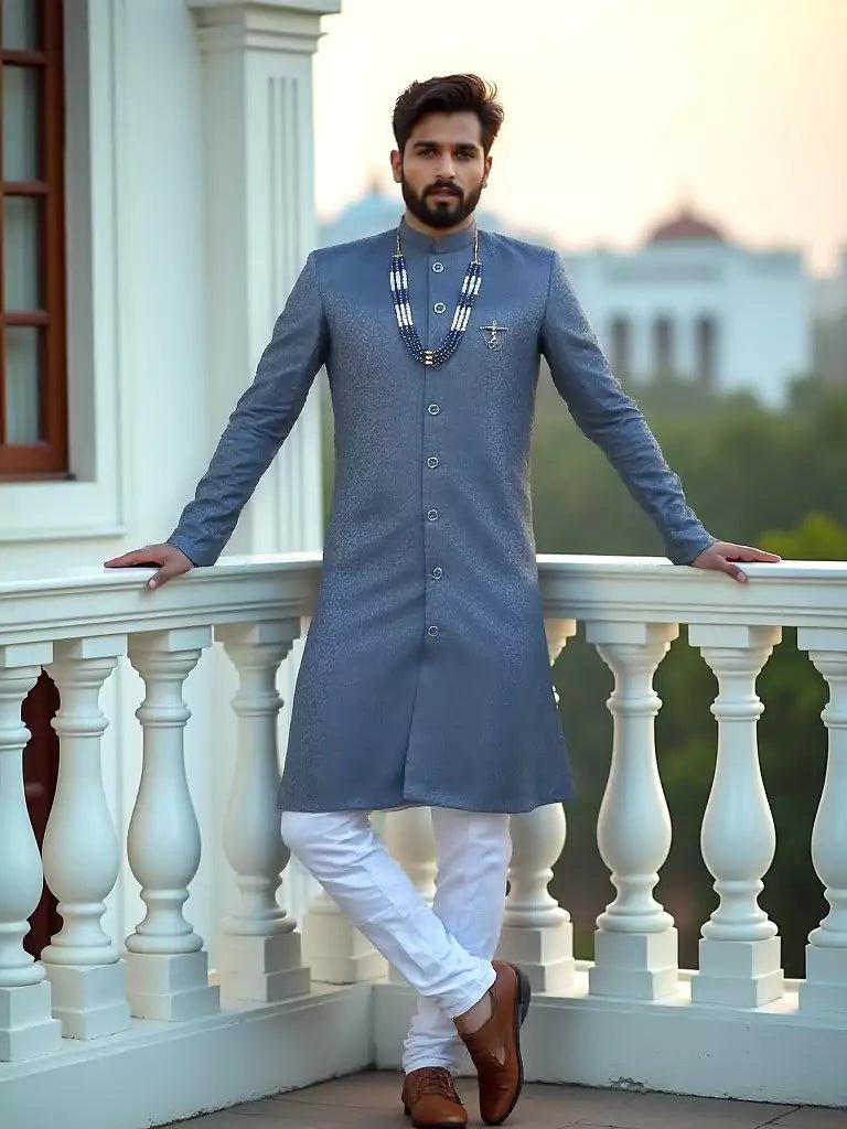 Image of Steel Grey Floral Design Jacquard Semi - Indo Set - South India Shopping Mall