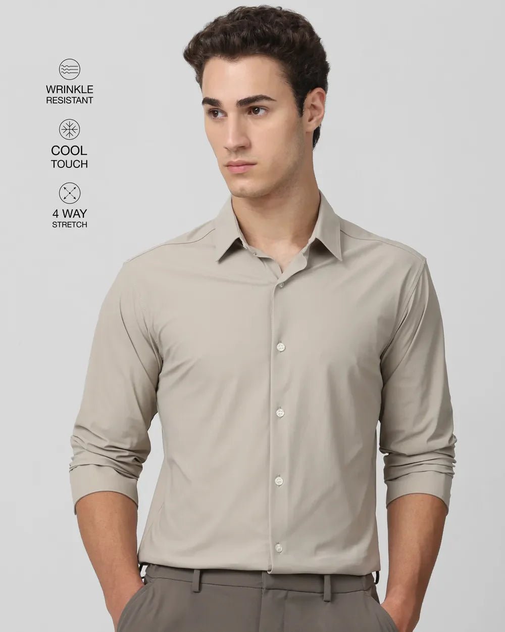Image of Stone Coloured Solid Full Sleeve Imported Stretch Nylon Shirt - South India Shopping Mall