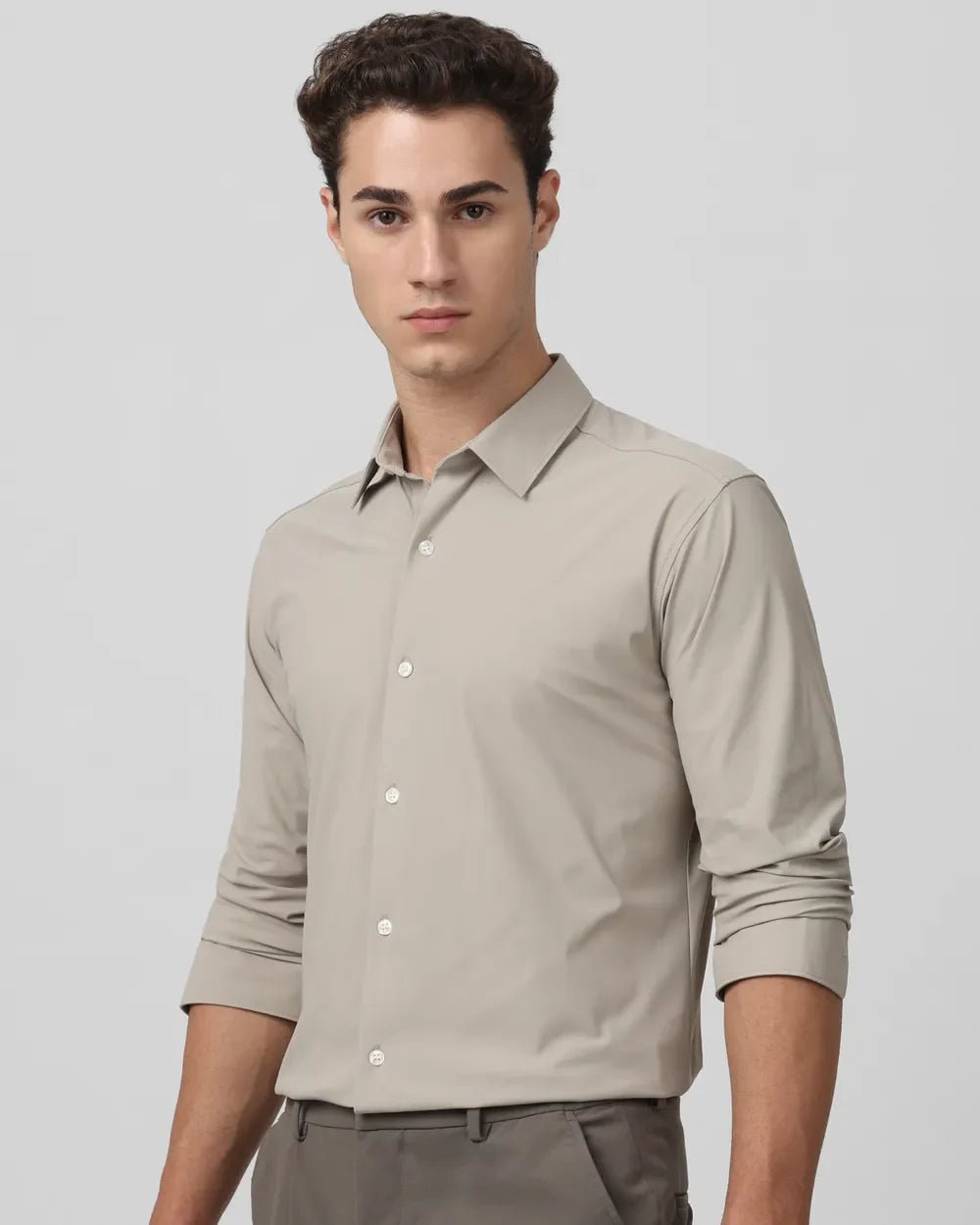 Image of Stone Coloured Solid Full Sleeve Imported Stretch Nylon Shirt - South India Shopping Mall