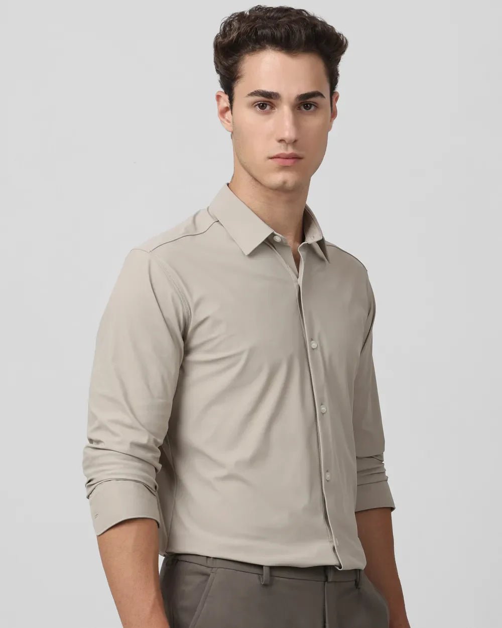 Image of Stone Coloured Solid Full Sleeve Imported Stretch Nylon Shirt - South India Shopping Mall