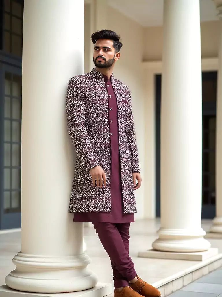 Image of Striking Maroon Floral Design Raw Silk Embroidery Indo Open Style - South India Shopping Mall